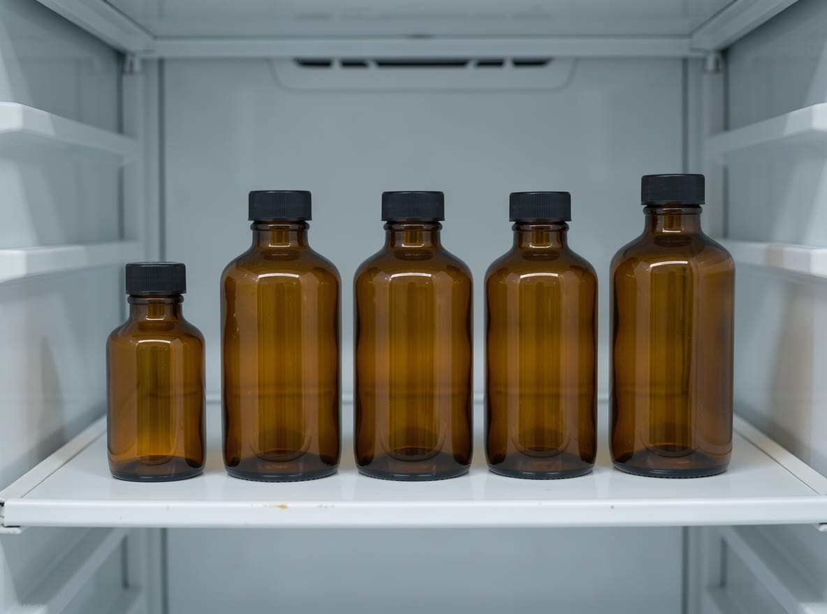 Plain amber glass bottles arranged on a laboratory refrigerator shelf