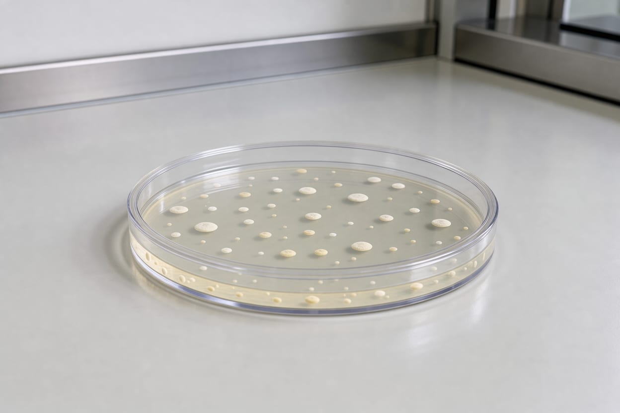 Bacterial colonies in a closed petri dish on a laboratory bench
