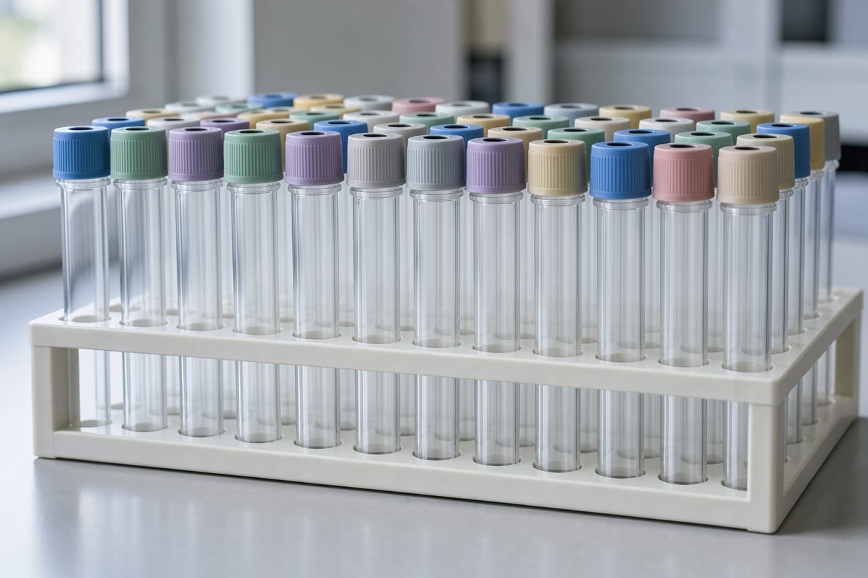 Rows of capped sample tubes in a laboratory rack