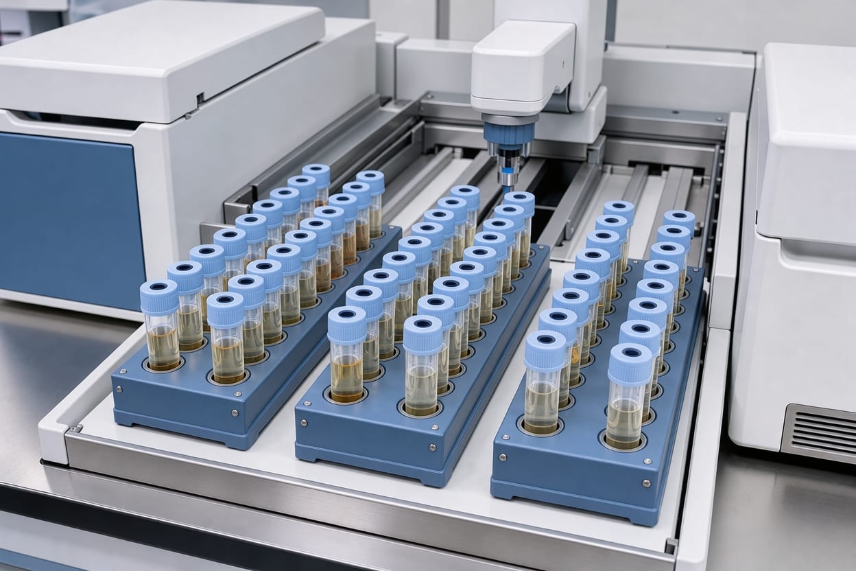 Closed sample tubes in the loading area of a chemistry analyzer