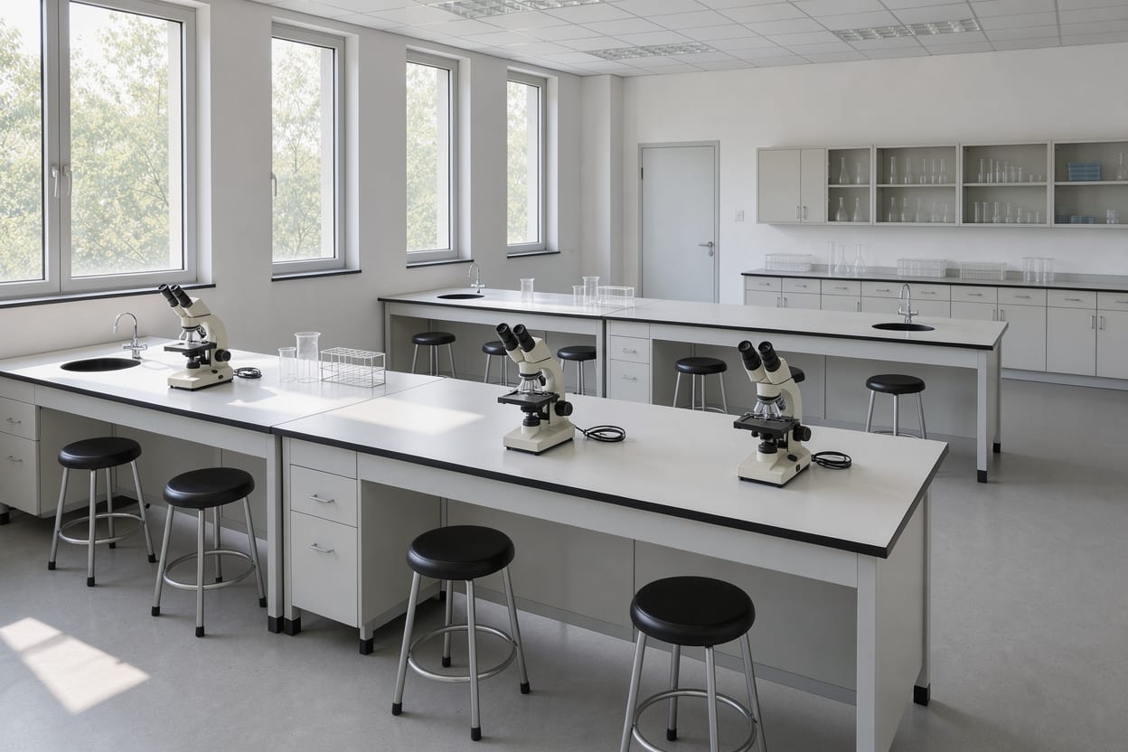An empty teaching laboratory with benches and stools