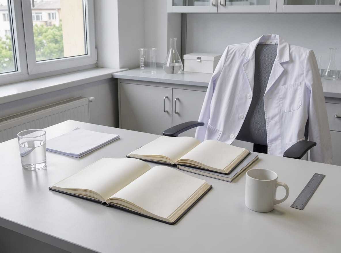 Open notebooks on a desk beside a lab coat draped over a chair