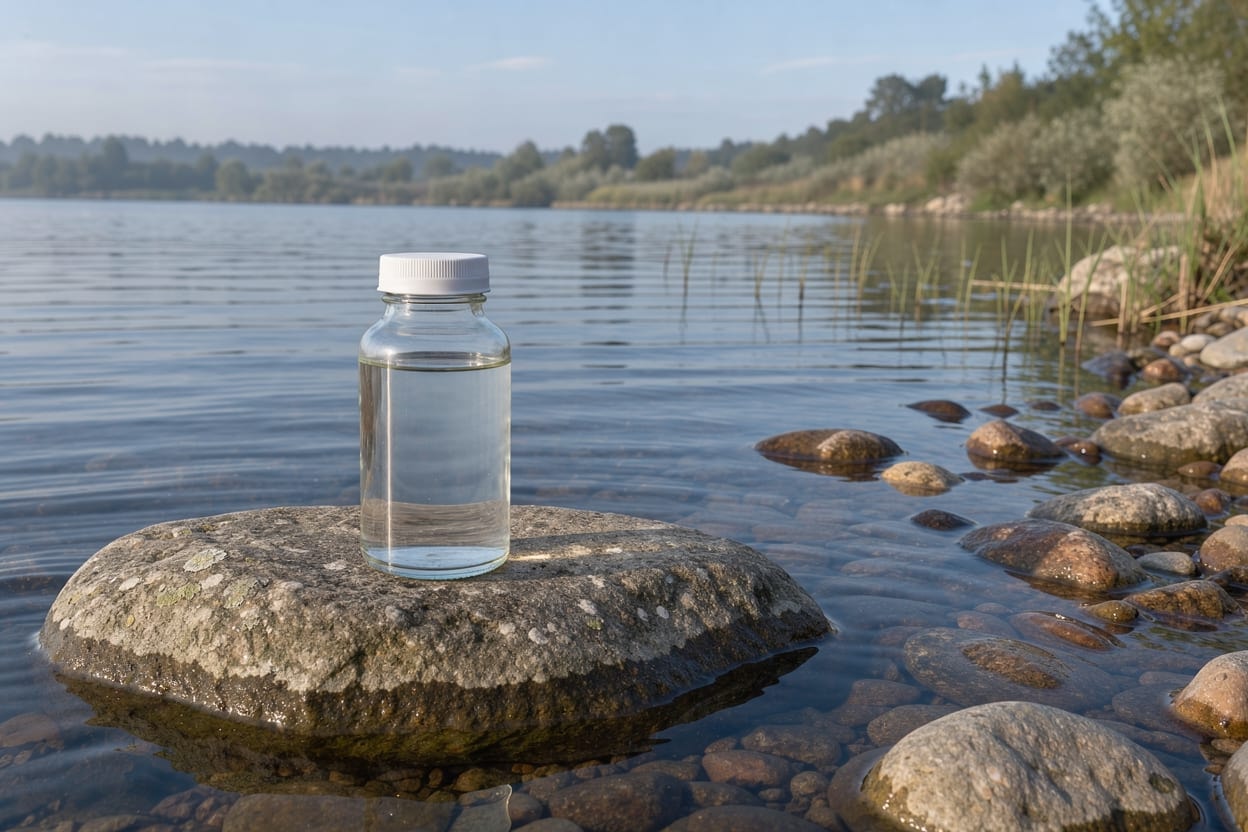 A closed sampling bottle on a rock beside a lake