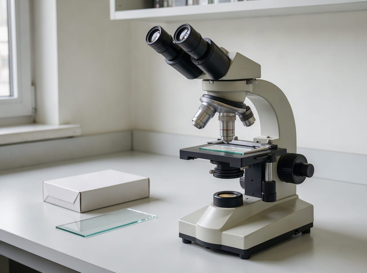 A light microscope with a glass slide on its stage