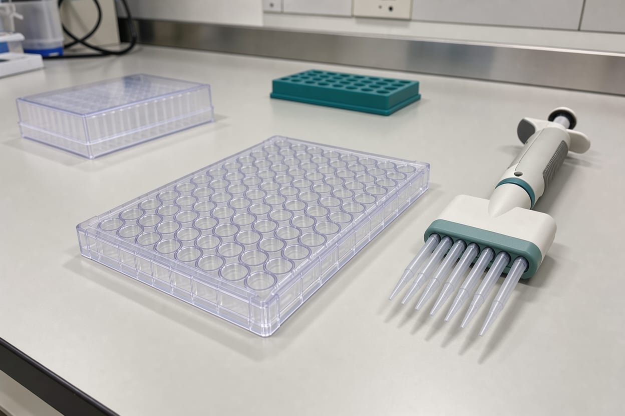 A PCR plate and a multichannel pipette on a laboratory bench