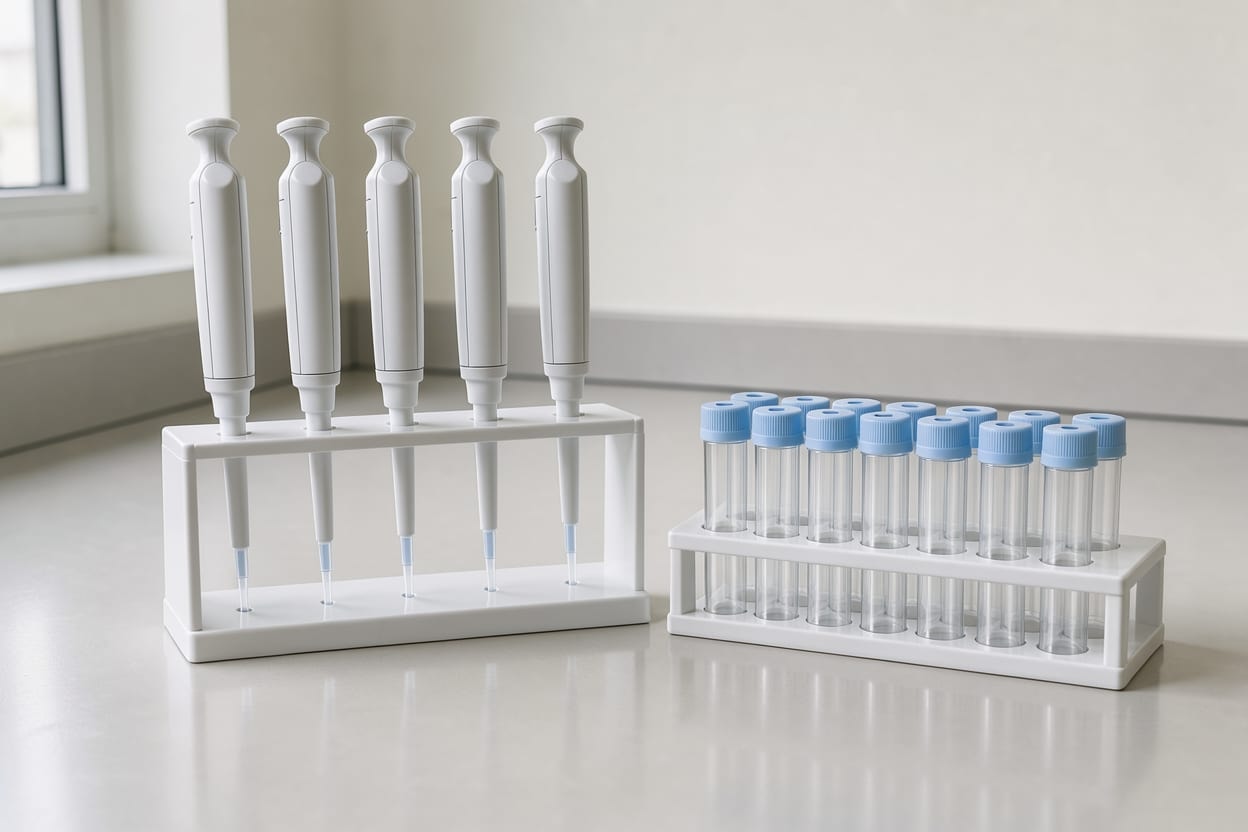 Pipettes beside closed sample tubes on a clinical chemistry bench