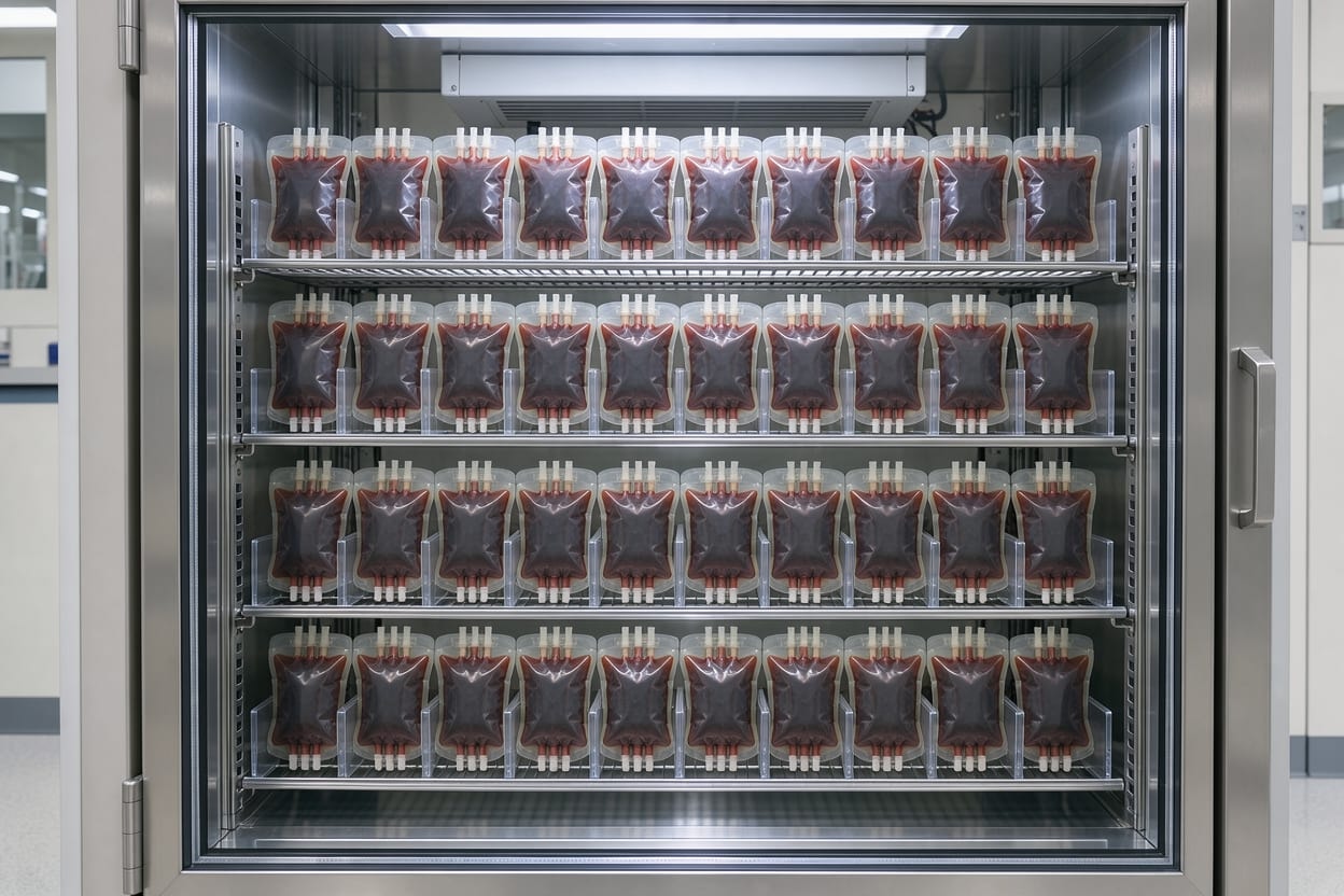 Closed blood bags on shelves behind a refrigerator glass door