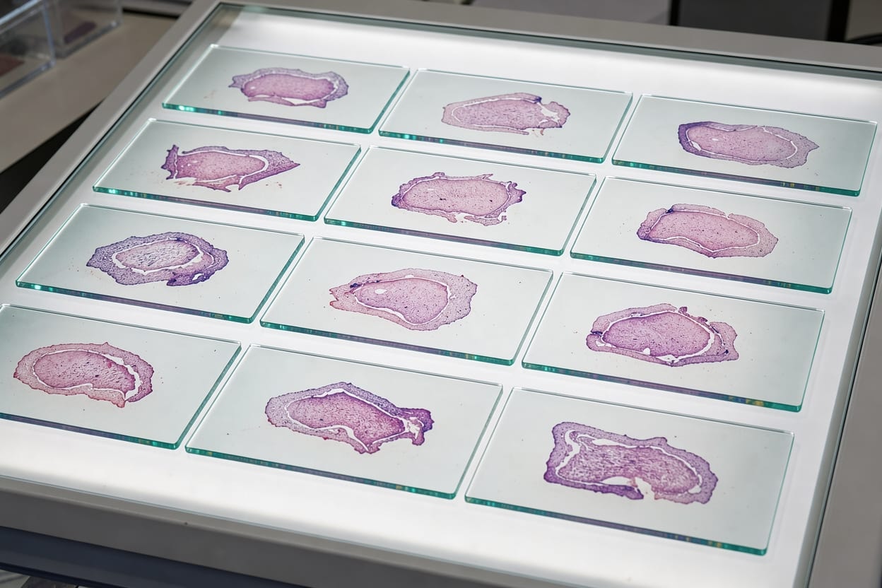 Glass slides with stained tissue sections arranged on a light box