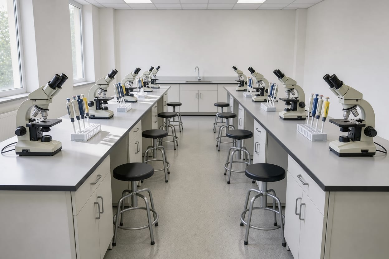 Empty laboratory benches with microscopes and tucked-in stools