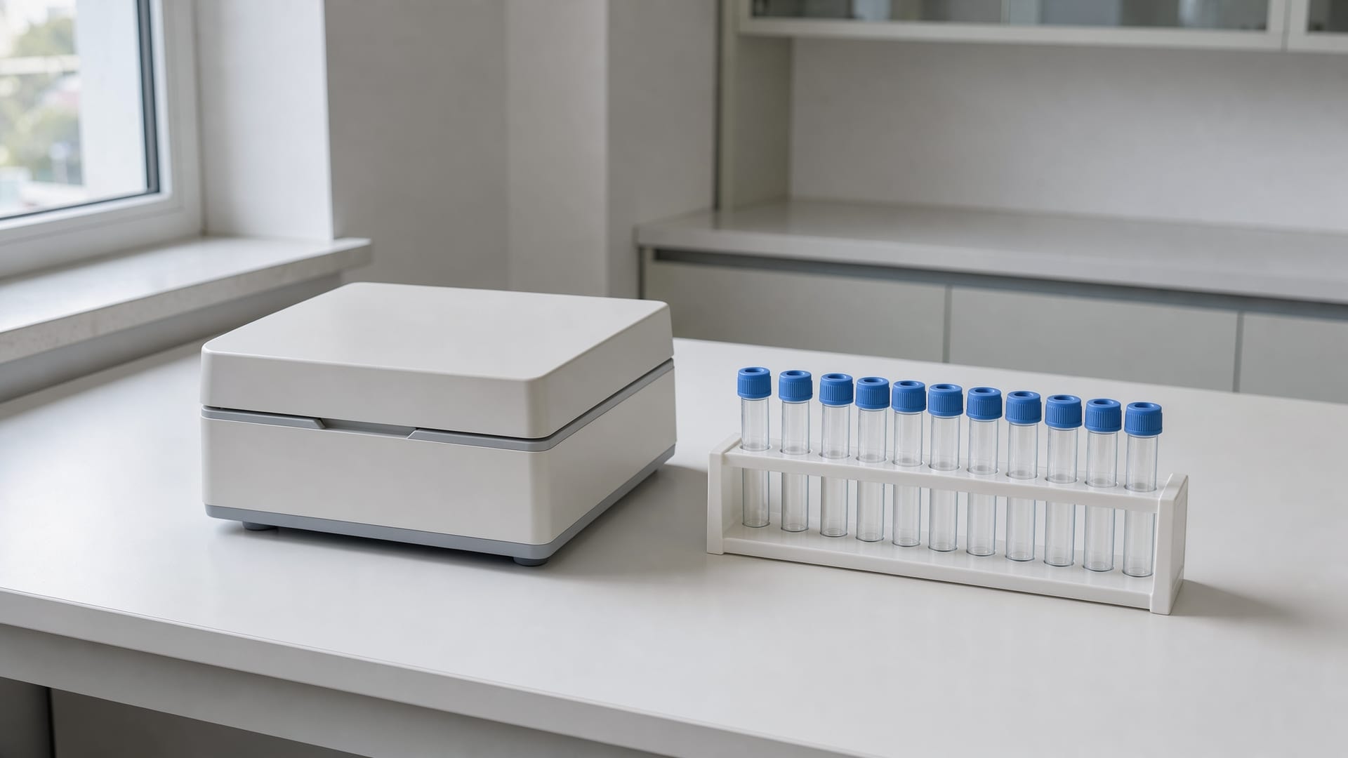 A tube rack, pipettes and a benchtop centrifuge on a clean laboratory bench